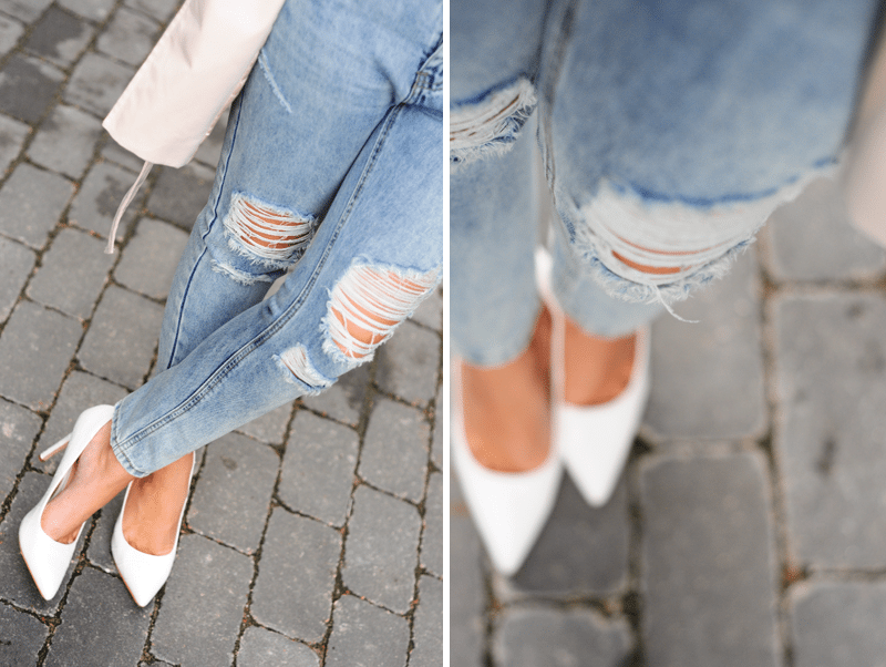 białe szpilki podarte jeansy romwe