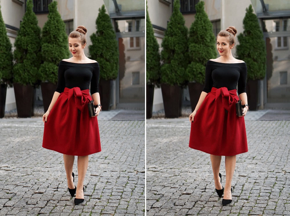 zestaw elegancki z czerwoną spódnicą midi na jesień 2015